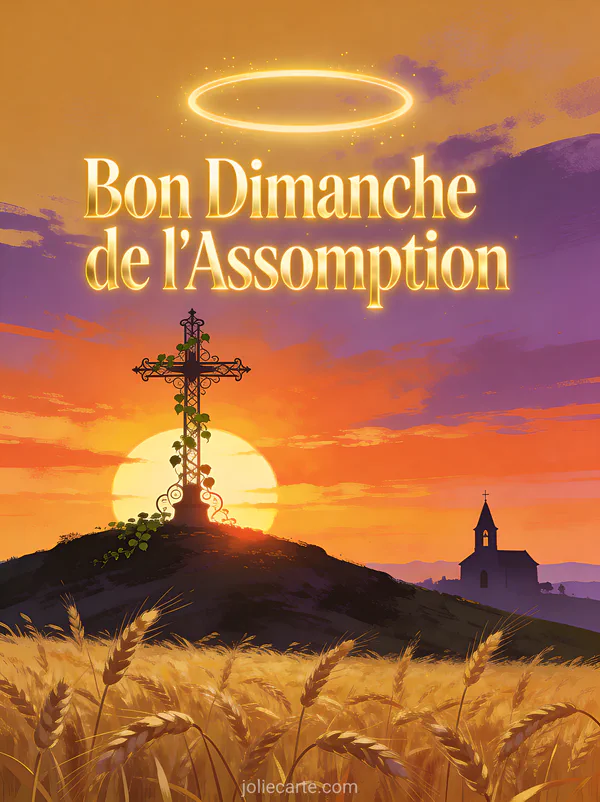 Coucher de soleil orange et violet derrière une croix en fer forgé sur une colline avec champ de blé doré