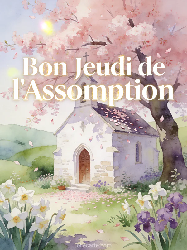 Chapelle en pierre blanche sous un cerisier en fleurs roses avec narcisses et violettes texte Bon Jeudi de l'Assomption
