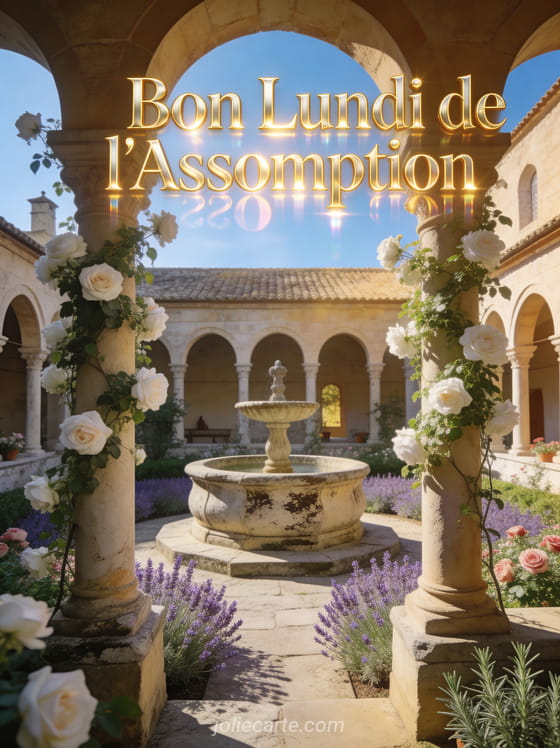 Jardin de monastère avec fontaine en pierre colonnade rosiers grimpants blancs et massifs de lavande