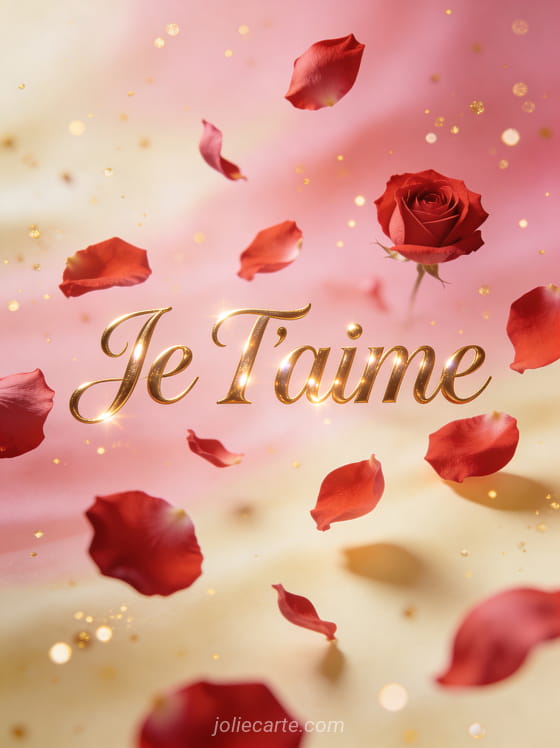 Lettres dorées élégantes Je T'aime entourées de pétales de roses rouges sur fond rose poudré lumineux