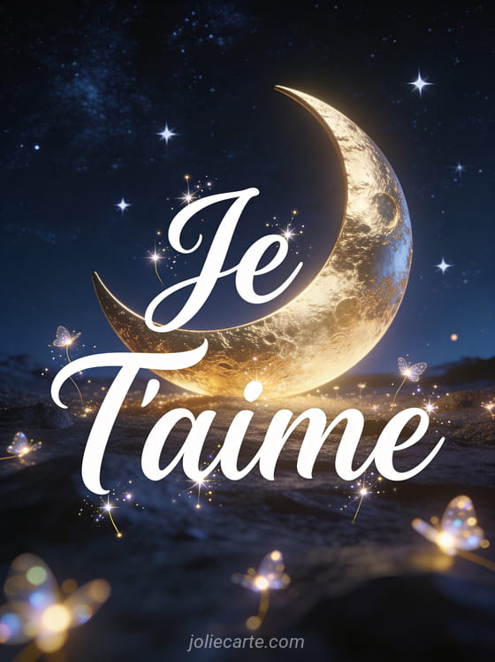 Texte Je T'aime en calligraphie blanche sous un ciel étoilé avec lune dorée et lucioles scintillantes
