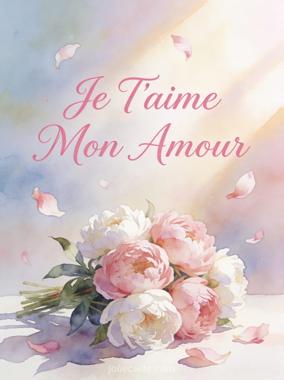 Texte Je T'aime Mon Amour en cursive rose sur fond aquarelle pastel avec bouquet de pivoines roses et blanches