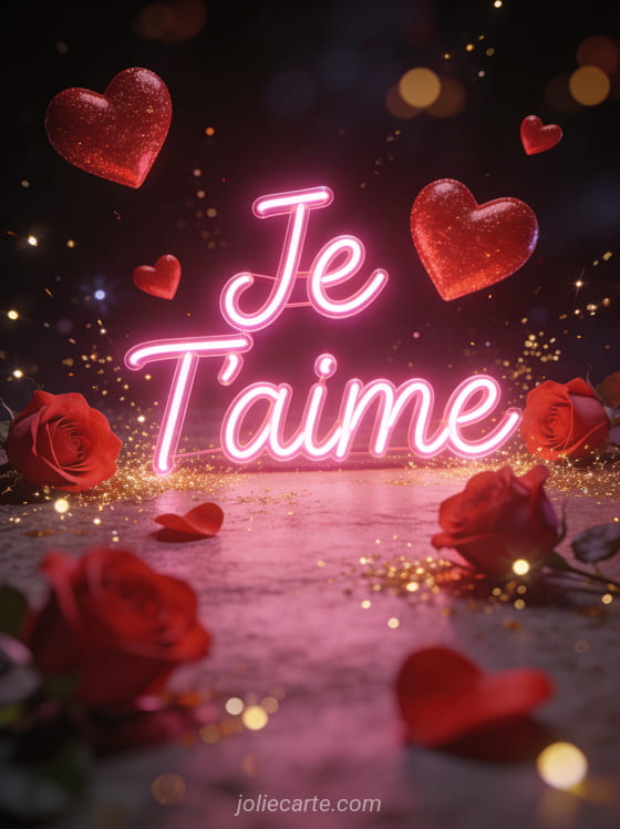 Texte Je T'aime en néon rose lumineux avec cœurs rouges et roses flottants sur fond sombre avec bokeh doré