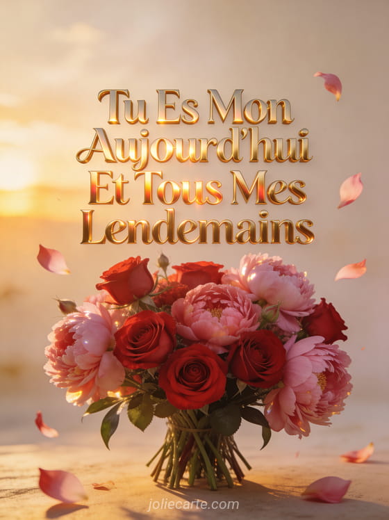 Bouquet de roses rouges et pivoines roses dans la lumière dorée avec texte Tu Es Mon Aujourd'hui Et Tous Mes Lendemains