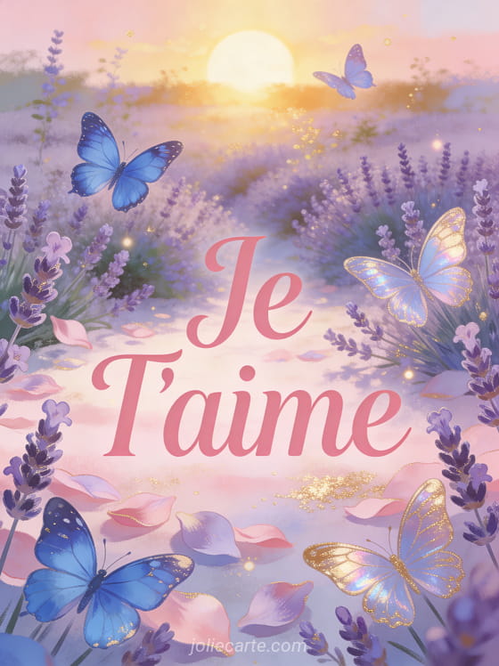 Texte Je T'aime en lettres roses avec papillons bleu morpho dans un champ de lavande au coucher de soleil doré