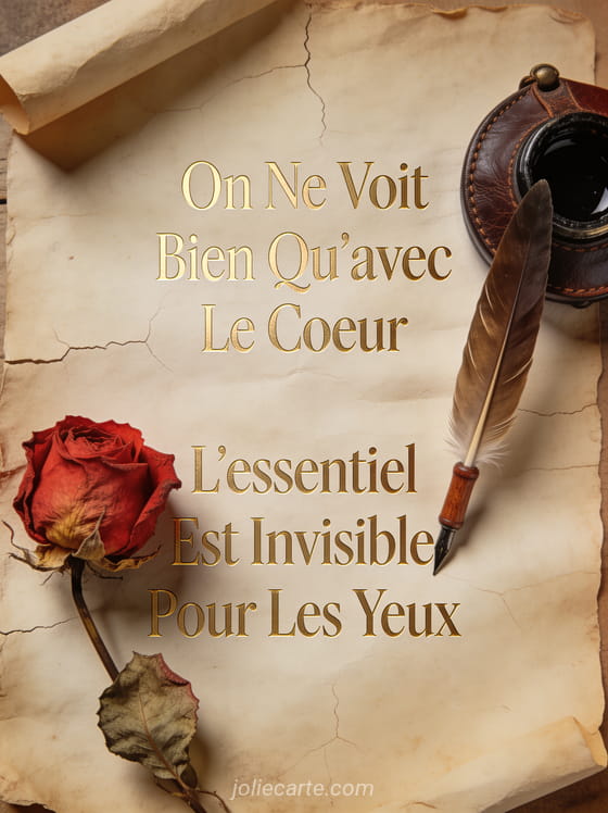 Citation On ne voit bien qu'avec le cœur en lettres dorées sur parchemin avec rose séchée plume et encrier