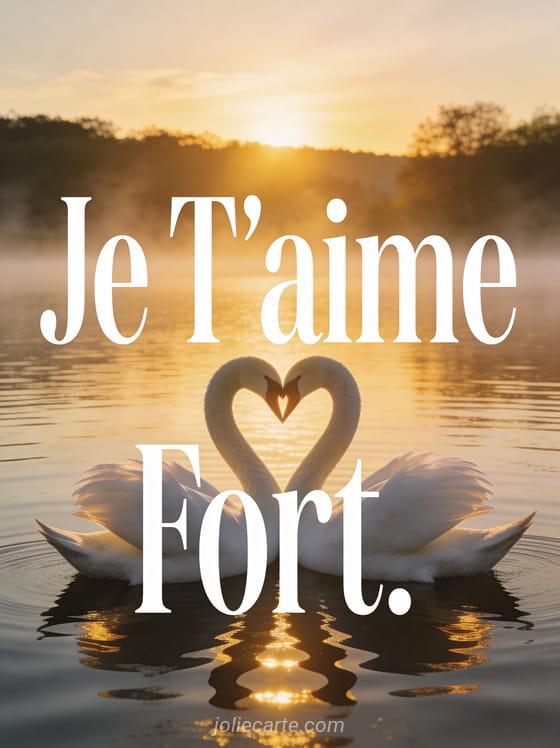 Deux cygnes blancs formant un cœur sur un lac calme au lever du jour avec texte Je T'aime Fort