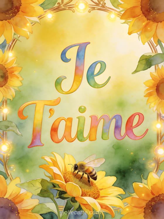 Dessin aquarelle du texte Je T'aime entouré de tournesols lumineux avec une abeille sur fond jaune doré