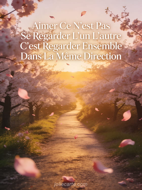 Sentier bordé de cerisiers en fleurs au coucher du soleil avec citation Aimer c'est regarder ensemble dans la même direction