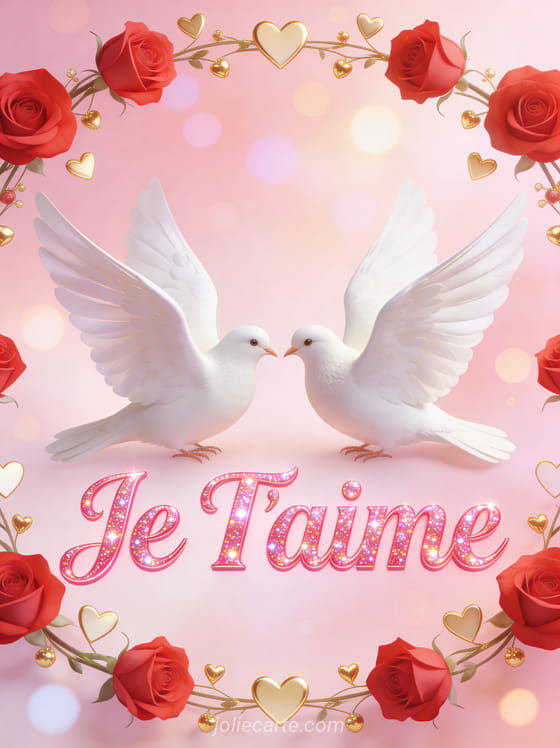 Deux colombes blanches face à face entourées de guirlandes de roses rouges et cœurs dorés avec texte Je T'aime