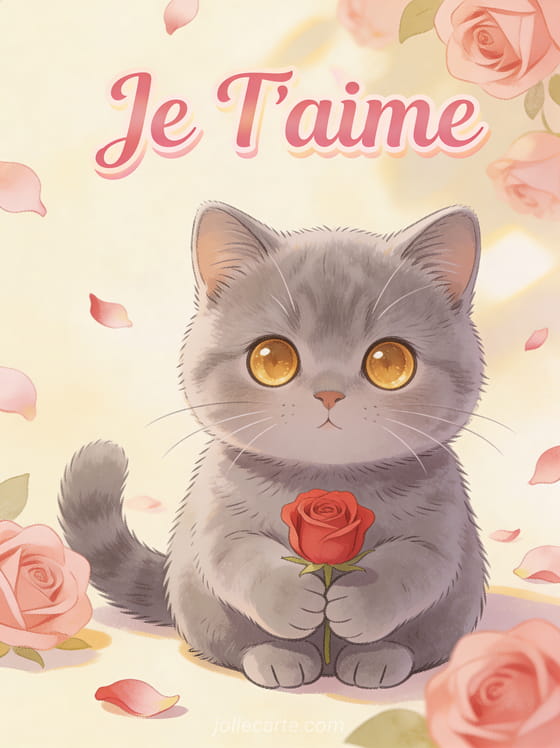 Chaton british shorthair gris aux yeux dorés tenant une rose rouge entre ses pattes avec texte Je T'aime