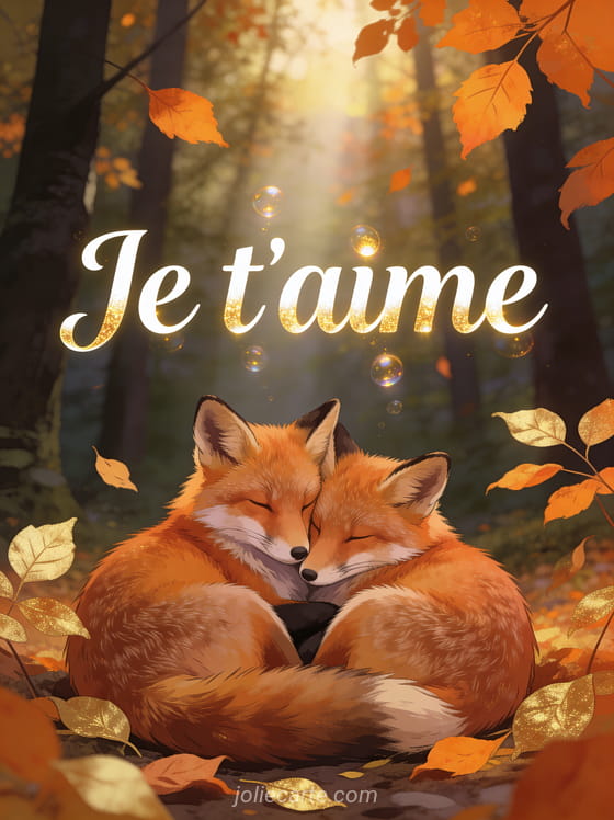 Deux renards roux tendrement blottis dans une clairière automnale avec feuilles dorées et texte Je T'aime