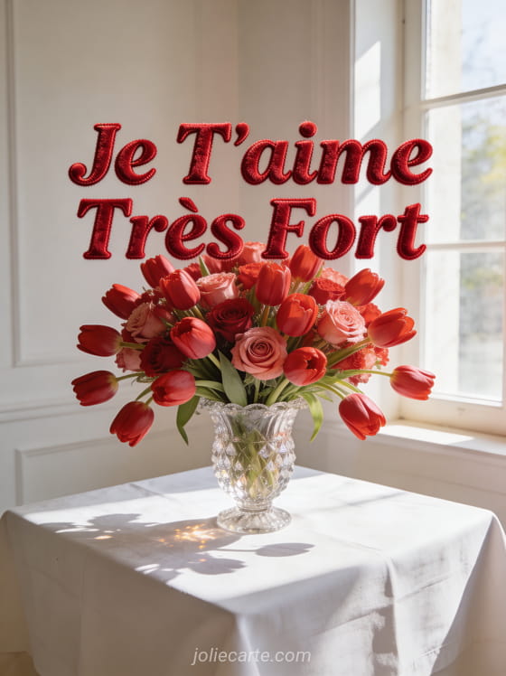 Bouquet de tulipes rouges et roses dans un vase en cristal avec lumière naturelle et texte Je T'aime Très Fort
