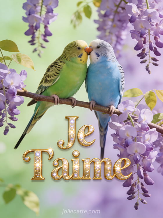 Deux perruches inséparables se becquetant sur une branche de glycine mauve avec texte doré Je T'aime