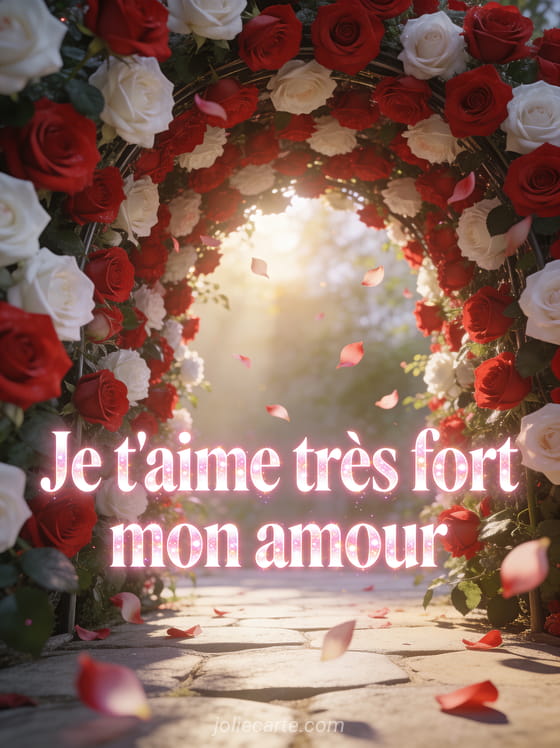 Arche de roses rouges roses et blanches formant un tunnel romantique avec texte Je T'aime Très Fort Mon Amour