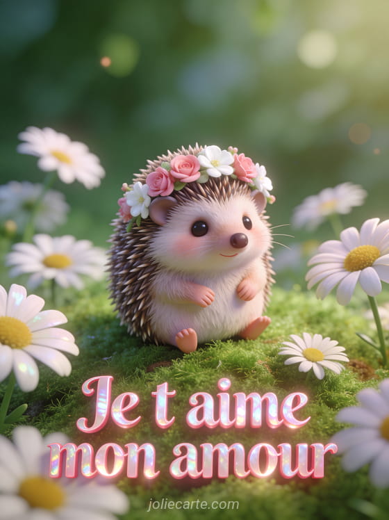 Adorable hérisson portant une couronne de fleurs roses posé sur de la mousse avec marguerites et texte Je T'aime Mon Amour