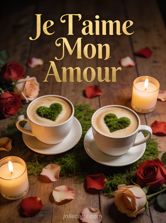 Deux tasses de café latte avec cœur dans la mousse sur table en bois avec bougies et pétales de rose et texte Je T'aime Mon Amour