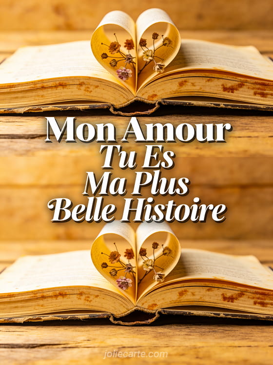 Livre ouvert avec pages formant un cœur et fleurs séchées avec texte Mon Amour Tu Es Ma Plus Belle Histoire