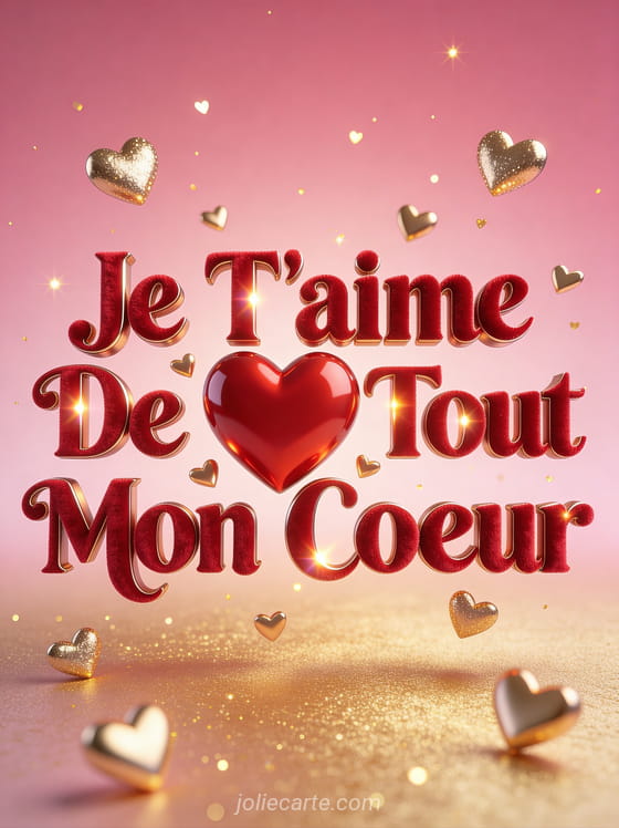 Grand cœur rouge 3D entouré de petits cœurs dorés scintillants avec texte Je T'aime De Tout Mon Cœur sur fond rose et doré