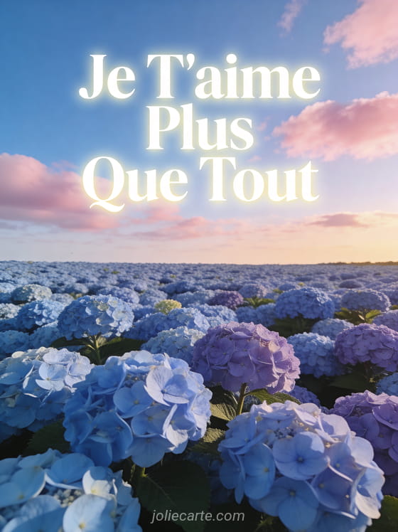 Champ d'hortensias bleus et mauves sous un ciel rose avec texte lumineux Je T'aime Plus Que Tout
