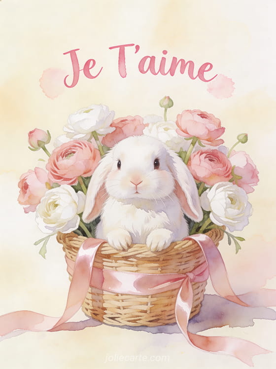 Lapin blanc aux oreilles tombantes dans un panier en osier rempli de renoncules roses avec texte Je T'aime