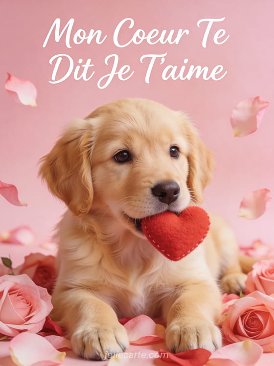 Chiot golden retriever tenant un cœur rouge en peluche entouré de pétales de roses avec texte Mon Cœur Te Dit Je T'aime