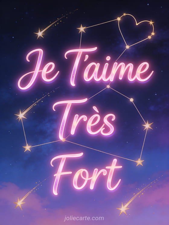Étoiles filantes dorées dans un ciel nocturne violet avec constellation en cœur et texte Je T'aime Très Fort