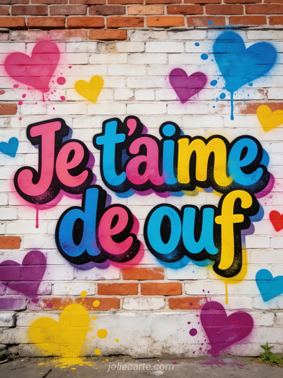 Texte Je T'aime De Ouf en graffiti coloré style street art avec cœurs multicolores sur mur en briques