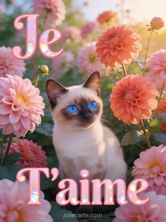 Chat siamois aux yeux bleus assis parmi des dahlias roses et corail avec texte Je T'aime en lettres roses