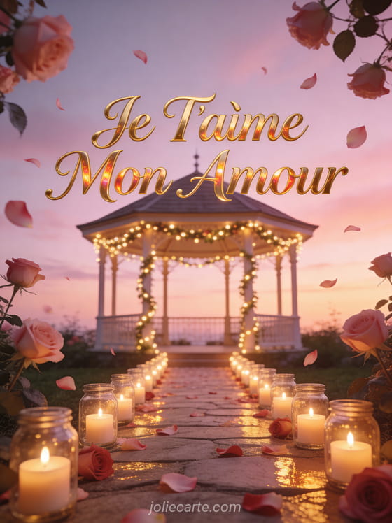 Chemin bordé de bougies dans des bocaux menant vers un kiosque illuminé au crépuscule avec texte Je T'aime Mon Amour