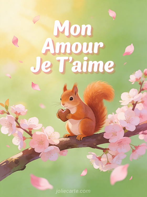 Écureuil roux tenant une noisette en cœur sur une branche de cerisier en fleurs avec texte Mon Amour Je T'aime