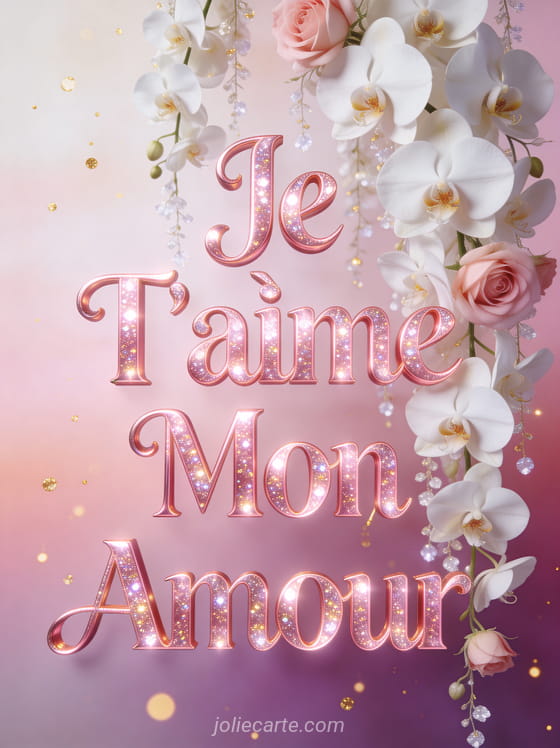 Cascade de fleurs d'orchidées blanches et roses avec particules dorées et texte Je T'aime Mon Amour en lettres brillantes