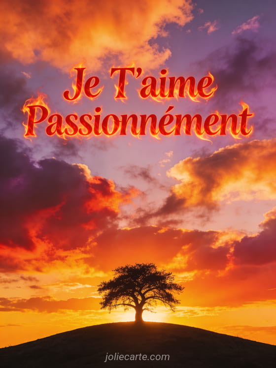 Coucher de soleil spectaculaire orange rouge et violet avec arbre solitaire et texte Je T'aime Passionnément