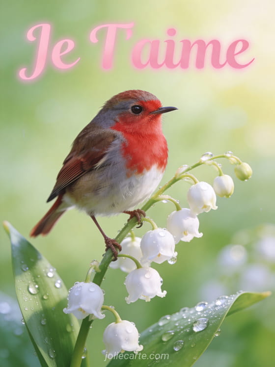 Rouge-gorge posé sur une branche de muguet avec clochettes blanches et rosée avec texte Je T'aime