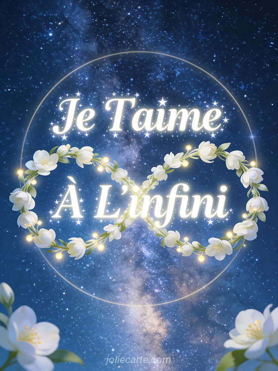 Symbole infini formé de jasmin et lumières scintillantes sous un ciel étoilé avec texte Je T'aime À L'infini