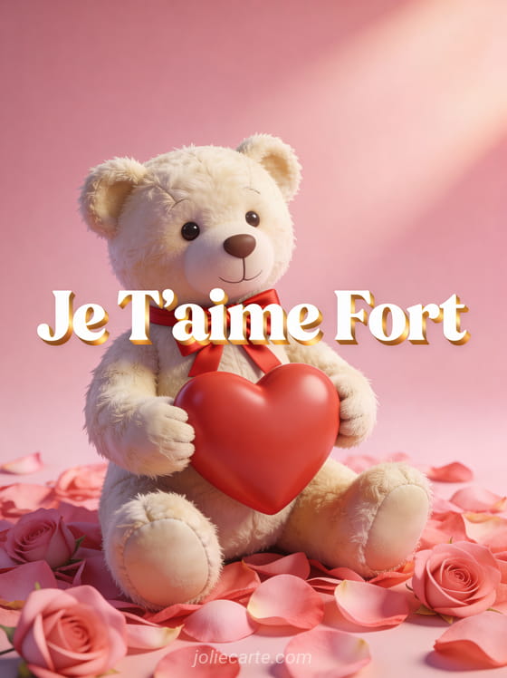 Ours en peluche crème avec nœud rouge tenant un cœur sur des pétales de roses avec texte Je T'aime Fort