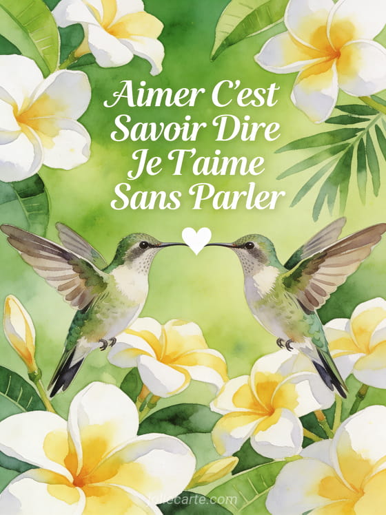 Deux colibris face à face formant un cœur entourés de frangipaniers avec texte Aimer C'est Savoir Dire Je T'aime Sans Parler