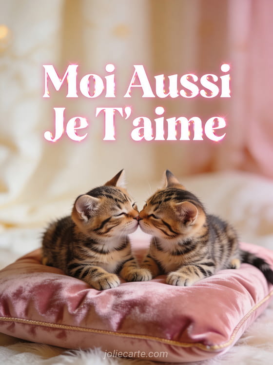 Deux chatons tigrés se frottant le museau sur un coussin en velours rose avec texte Moi Aussi Je T'aime