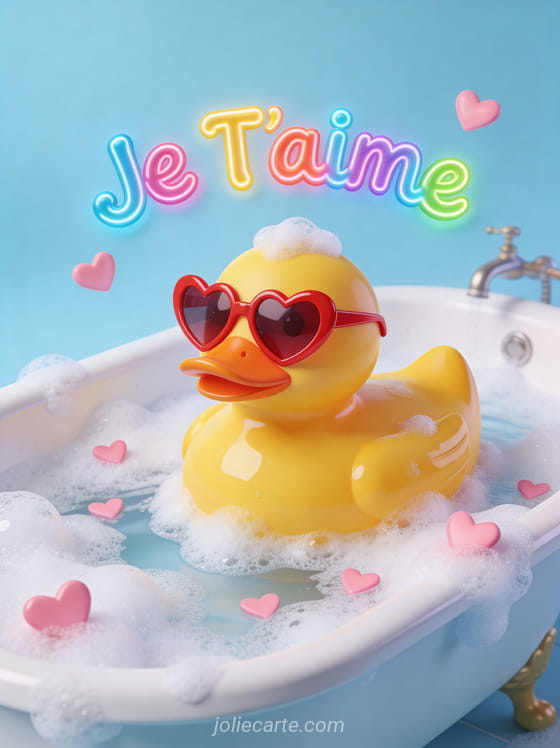 Canard en caoutchouc jaune avec lunettes cœur dans une baignoire de mousse et cœurs roses avec texte Je T'aime