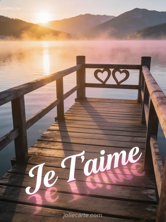 Ponton en bois sur un lac calme au lever du soleil avec brume dorée montagnes et cœurs sculptés avec texte Je T'aime