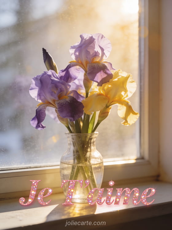 Iris violets et jaunes dans un vase en verre sur un rebord de fenêtre ensoleillé avec texte Je T'aime