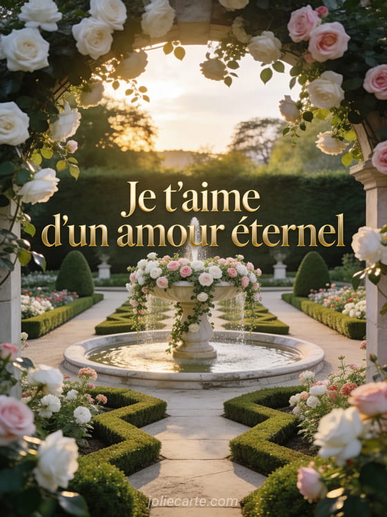 Jardin à la française avec fontaine et roses grimpantes dans la lumière dorée avec texte Je T'aime D'un Amour Éternel
