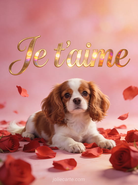 Chiot cavalier king charles brun et blanc allongé parmi des pétales de roses rouges avec texte doré Je T'aime
