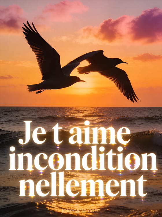 Arbre majestueux en forme de cœur avec feuillage rose et racines profondes sous un ciel bleu avec texte Je T'aime Inconditionnellement