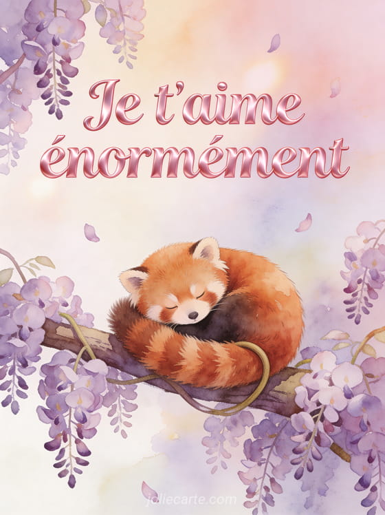 Panda roux endormi sur une branche de glycine mauve avec texte Je T'aime Énormément en lettres roses