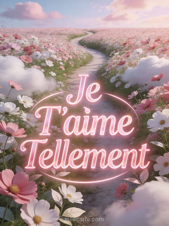Champ de cosmos roses et blancs à perte de vue sous un ciel pastel avec texte lumineux Je T'aime Tellement