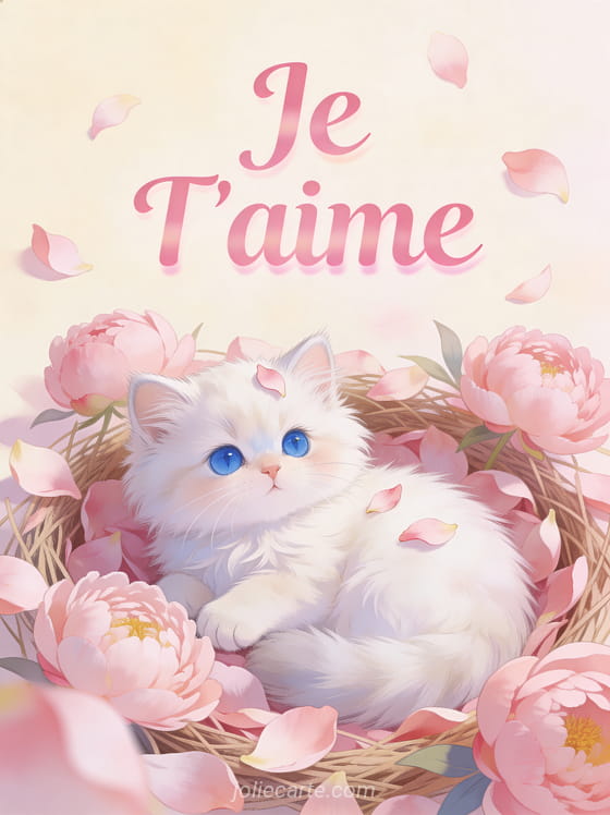 Chaton persan blanc aux yeux bleus dans un nid de pétales de pivoine rose avec texte Je T'aime