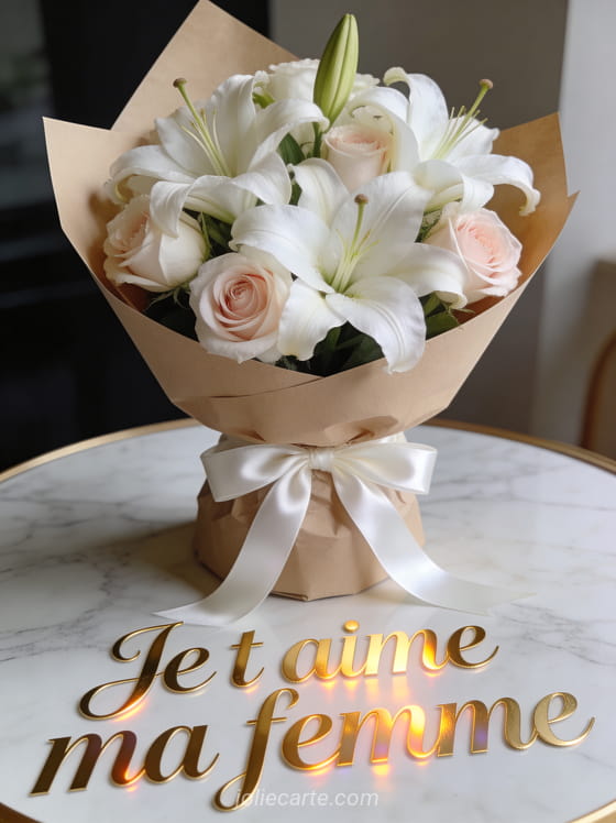 Bouquet de lys blancs et roses en papier kraft avec ruban satin sur table en marbre avec texte Je T'aime Ma Femme