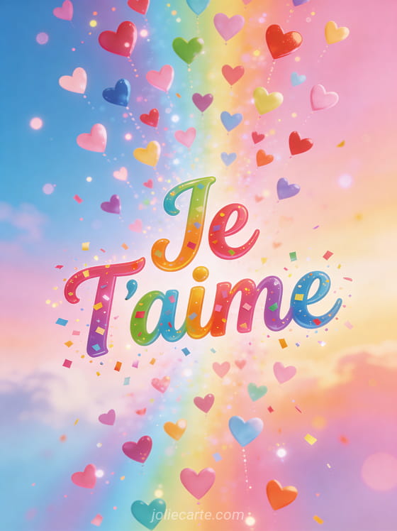 Pluie de cœurs multicolores tombant du ciel sur fond arc-en-ciel pastel avec texte coloré Je T'aime