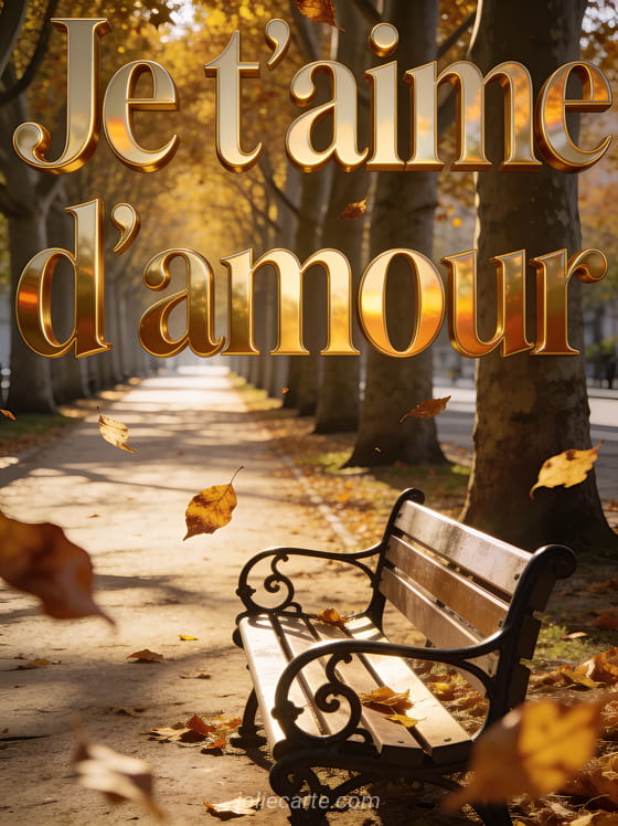 Allée de platanes en automne avec feuilles dorées tombantes et banc en fer forgé avec texte Je T'aime D'amour